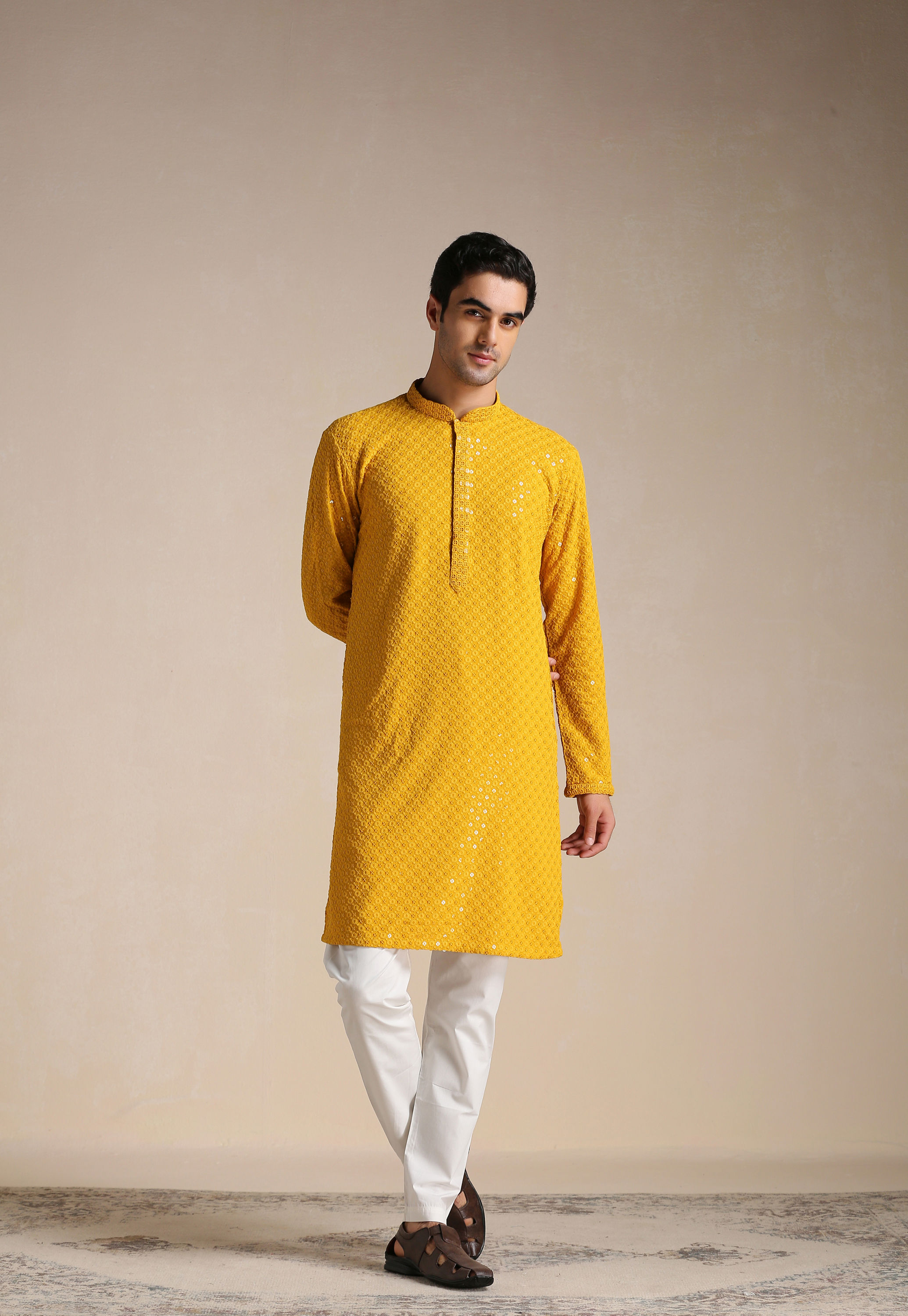 Manyavar Men Light Orange Chikankari Kurta Set