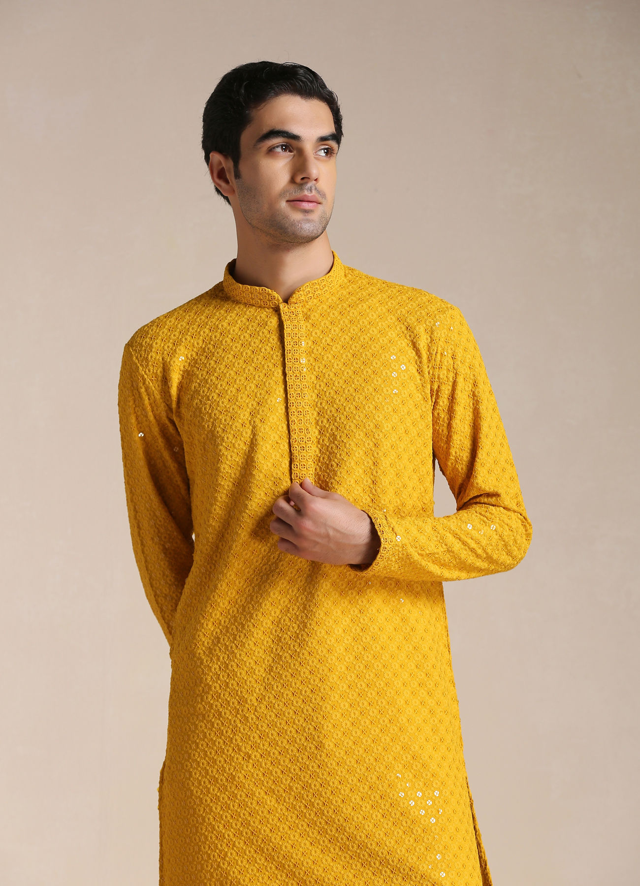 Manyavar Men Light Orange Chikankari Kurta Set