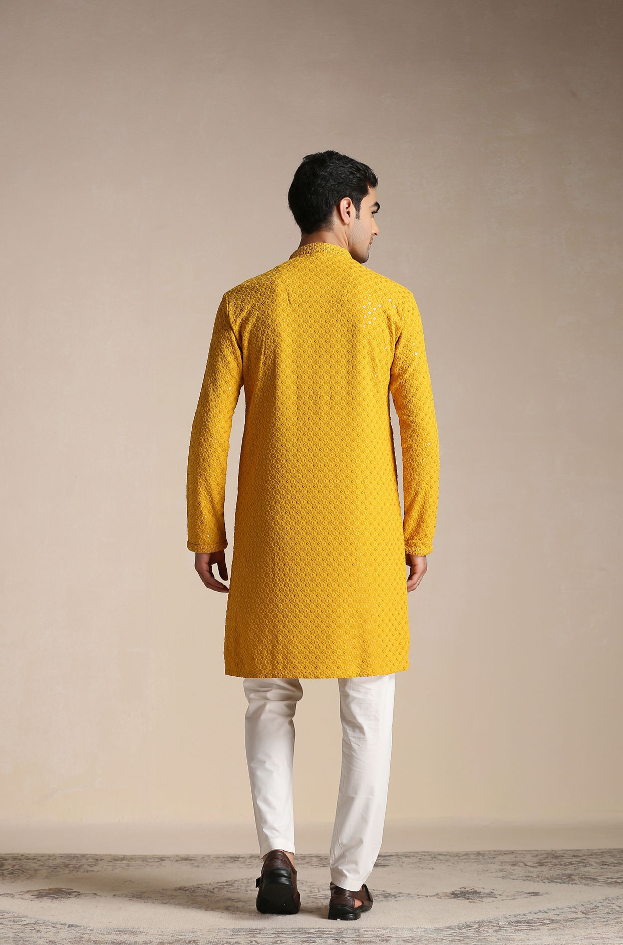 Manyavar Men Light Orange Chikankari Kurta Set