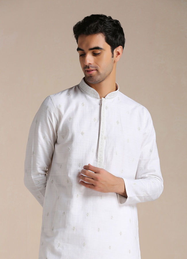 Manyavar Men Off-white Self Motif Kurta Set image number 0