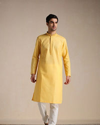 Manyavar Men Squash Yellow Patterned Placket Kurta Set
