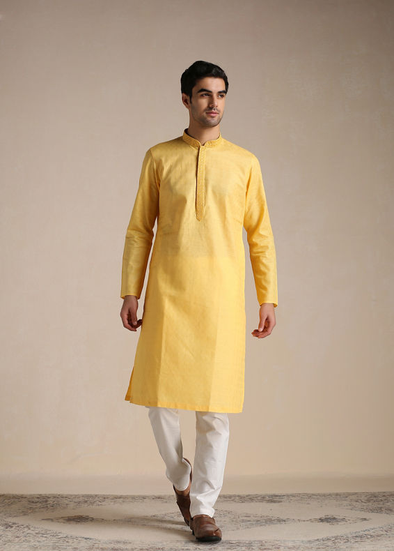Manyavar Men Squash Yellow Patterned Placket Kurta Set