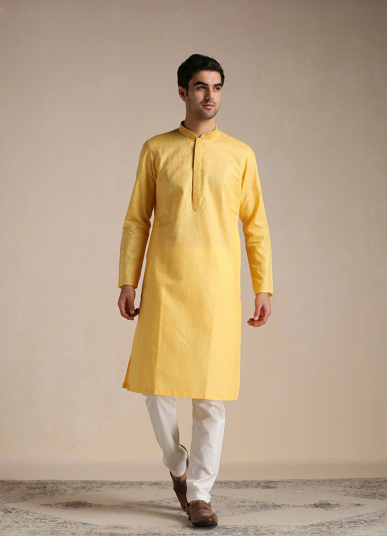 Manyavar Men Squash Yellow Patterned Placket Kurta Set