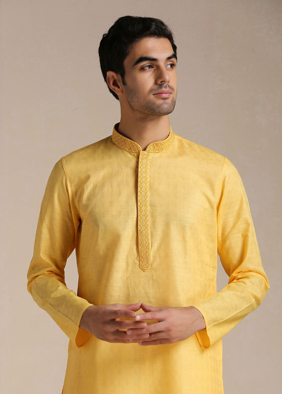 Manyavar Men Squash Yellow Patterned Placket Kurta Set
