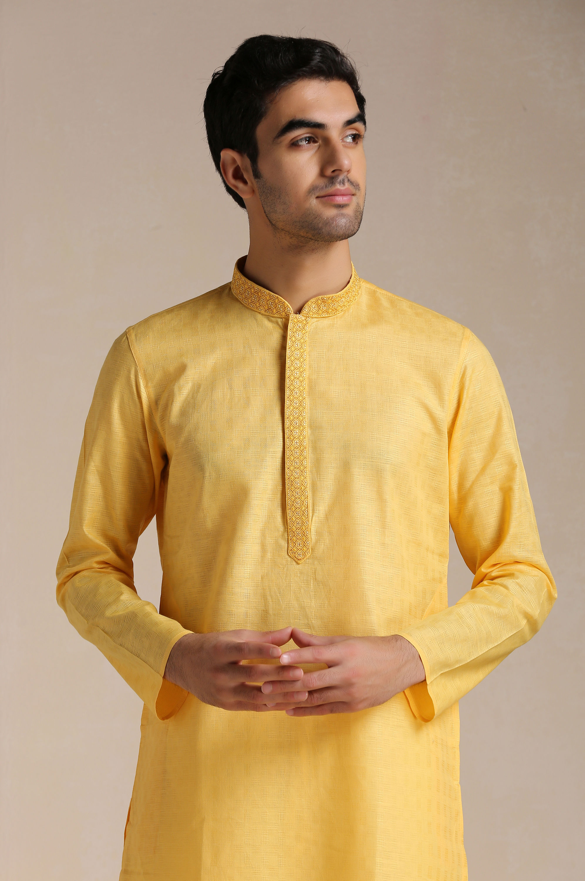 Manyavar Men Squash Yellow Patterned Placket Kurta Set