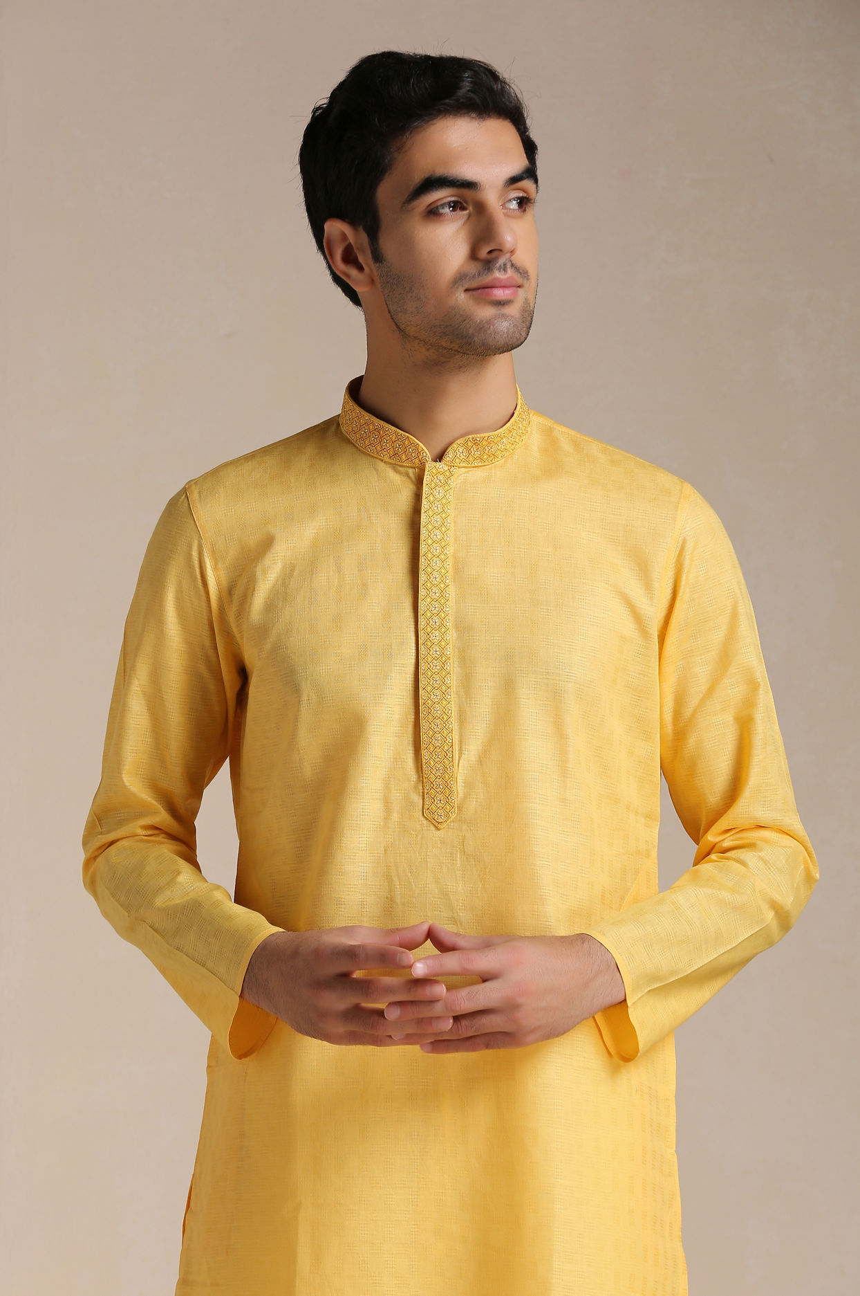 Squash Yellow Patterned Placket Kurta Set image number 0