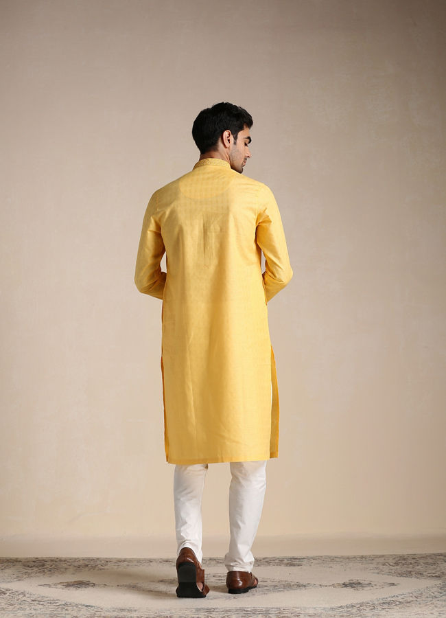 Manyavar Men Squash Yellow Patterned Placket Kurta Set