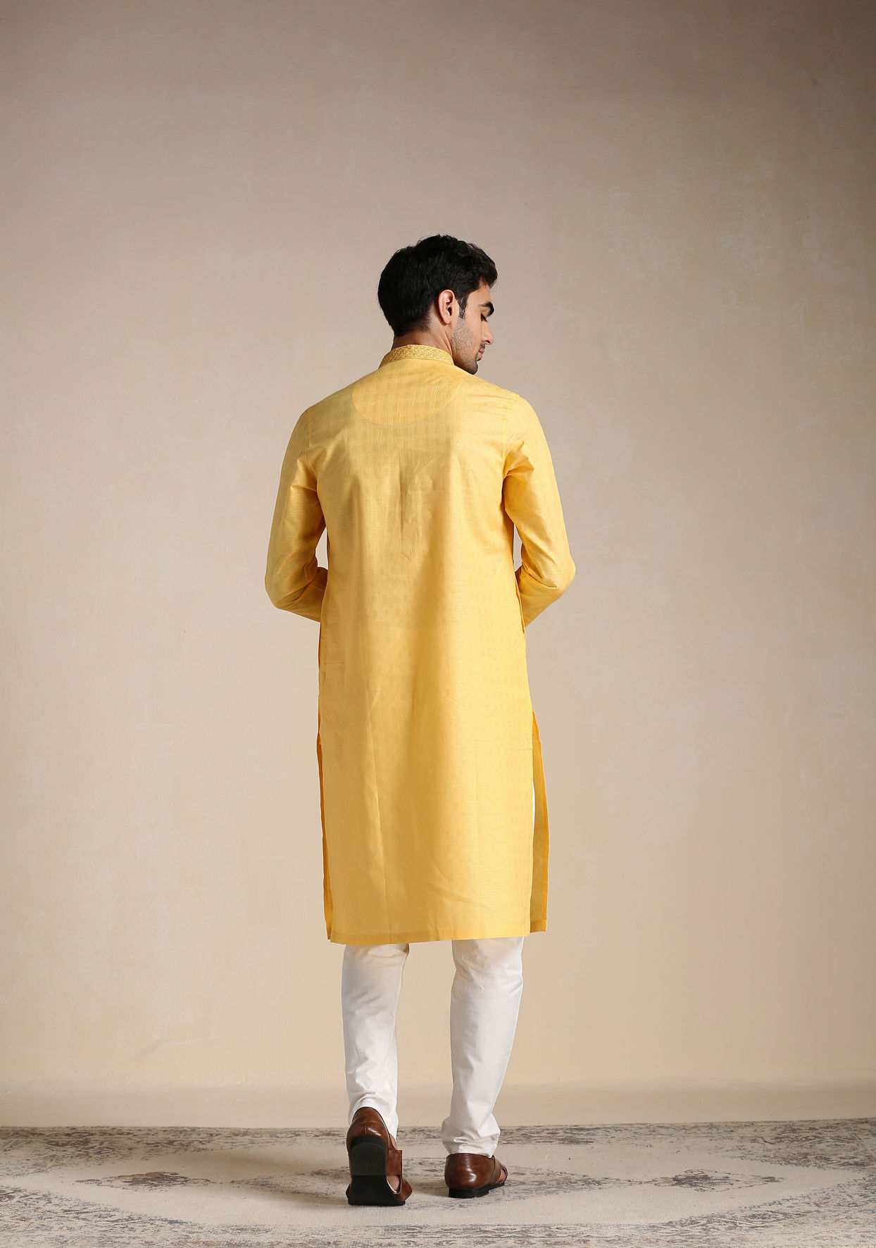 Manyavar Men Squash Yellow Patterned Placket Kurta Set