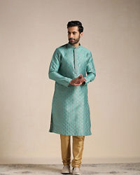 Manyavar Men Teal Green Jacquard Patterned Kurta Set