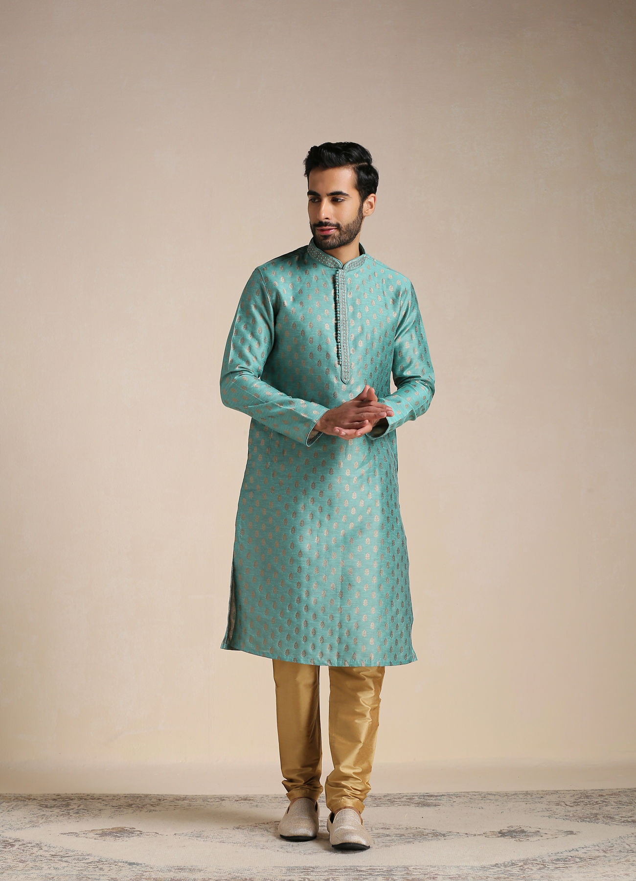 Manyavar Men Teal Green Jacquard Patterned Kurta Set