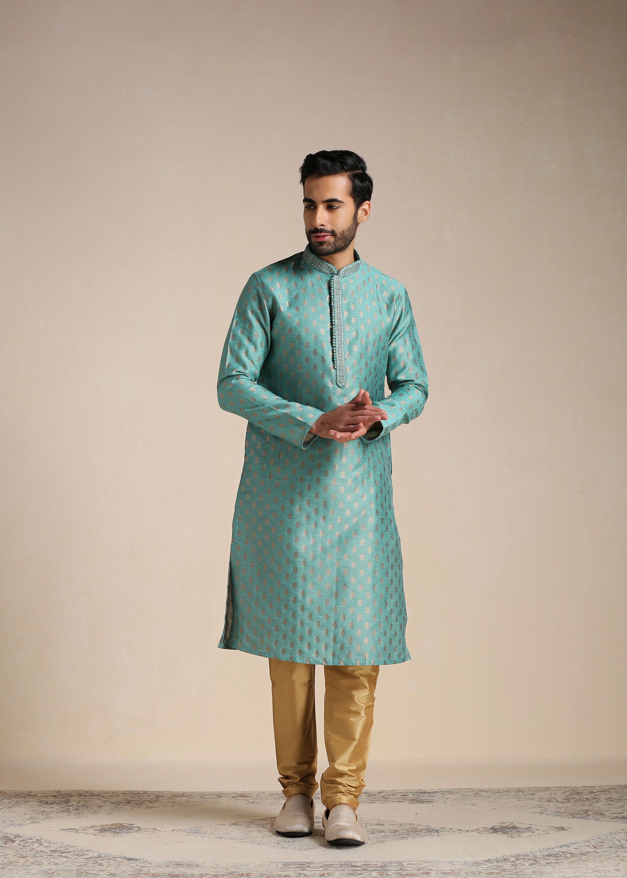 Manyavar Men Teal Green Jacquard Patterned Kurta Set