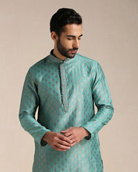 Manyavar Men Teal Green Jacquard Patterned Kurta Set