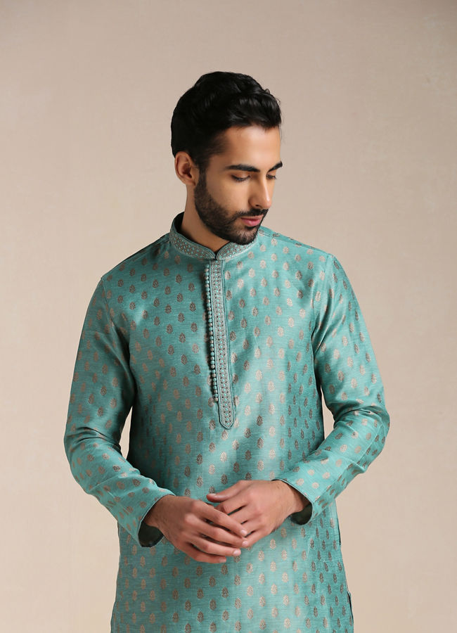 Teal Green Jacquard Patterned Kurta Set image number 0