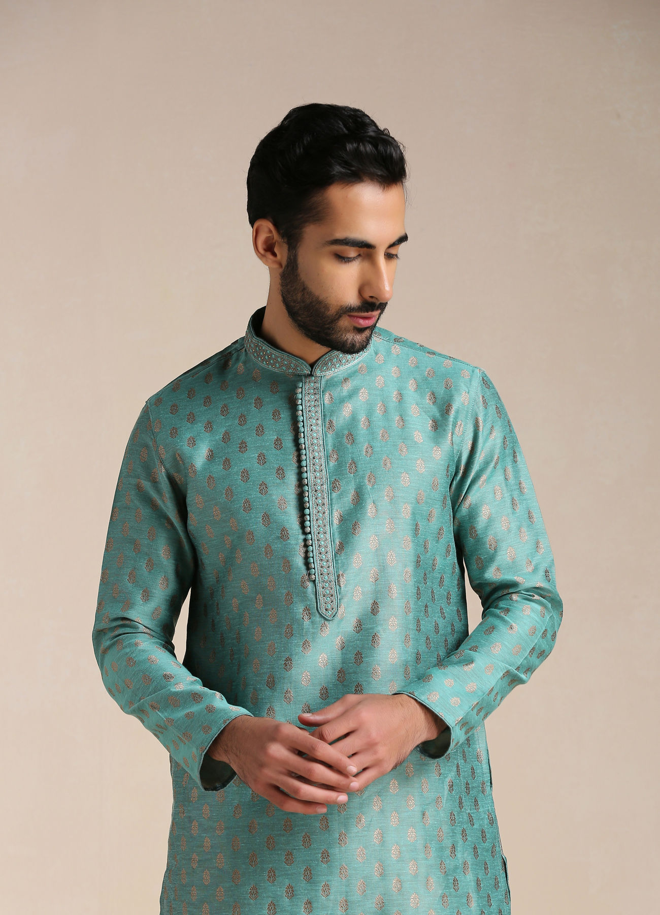 Manyavar Men Teal Green Jacquard Patterned Kurta Set