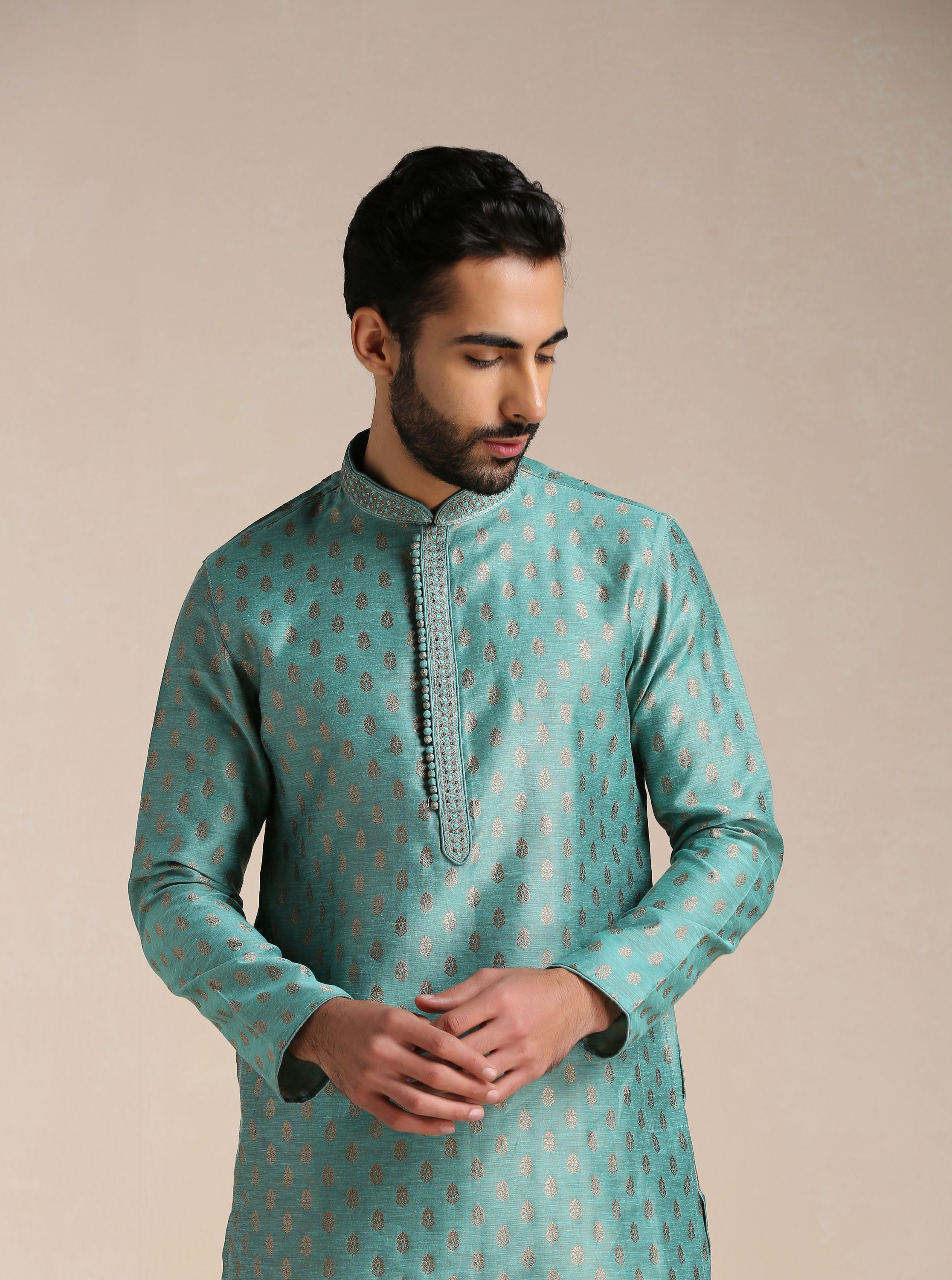 Manyavar Men Teal Green Jacquard Patterned Kurta Set