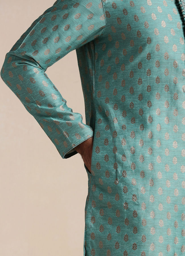 alt message - Manyavar Men Teal Green Jacquard Patterned Kurta Set image number 2