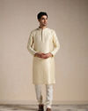 alt message - Manyavar Men Soft Beige Jacquard Patterned Kurta Set image number 1