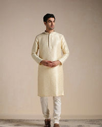 Manyavar Men Soft Beige Jacquard Patterned Kurta Set