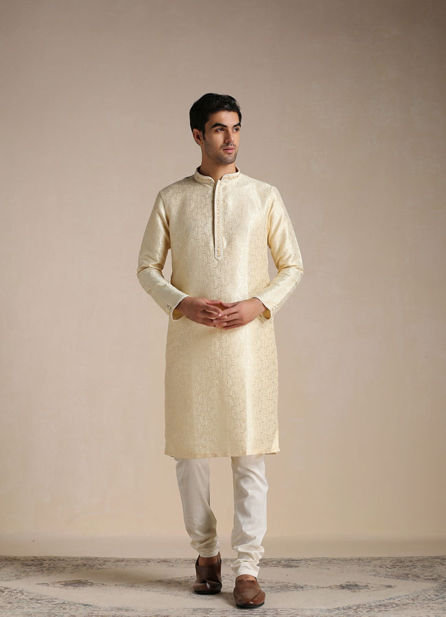 alt message - Manyavar Men Soft Beige Jacquard Patterned Kurta Set image number 1