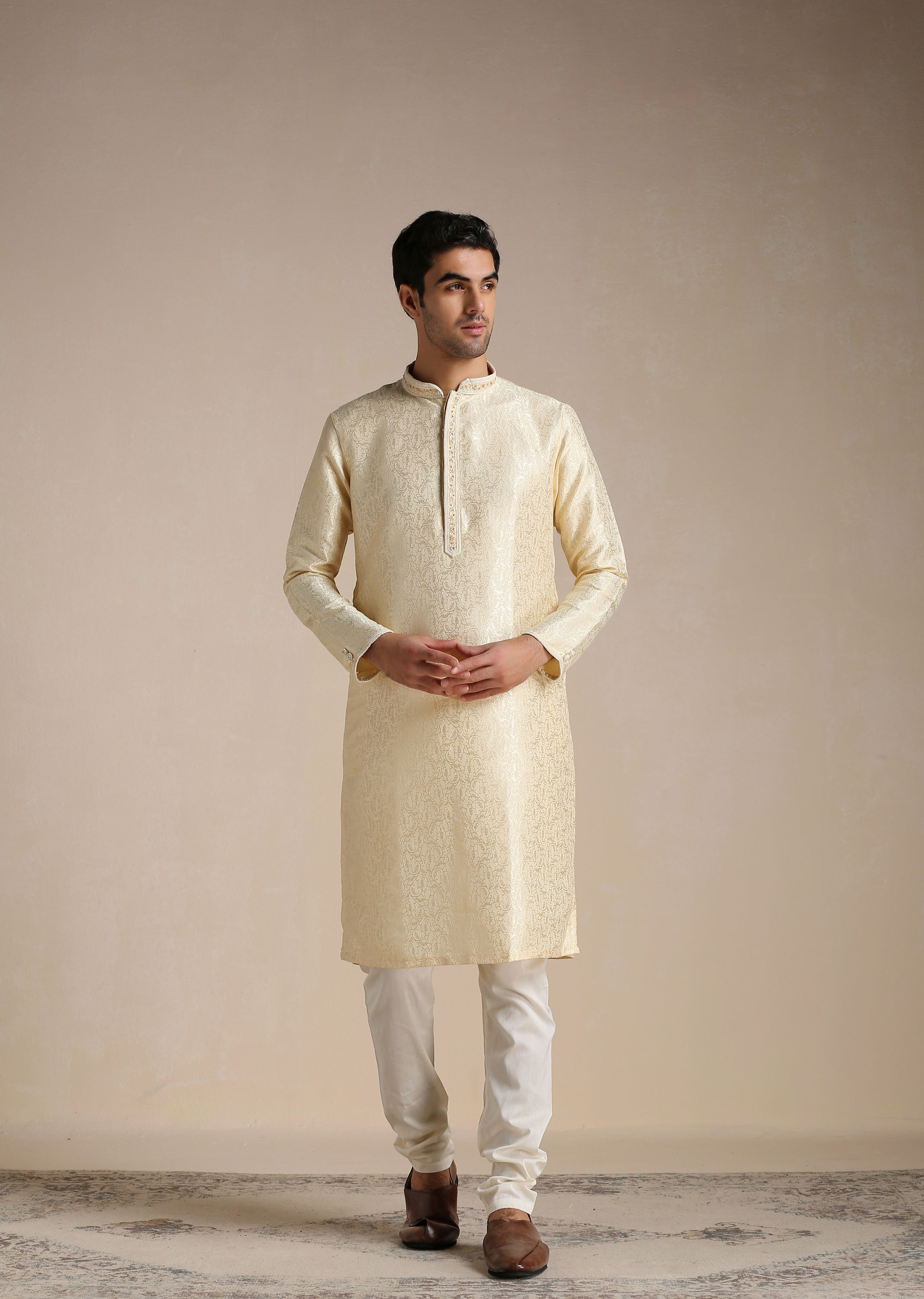 Manyavar Men Soft Beige Jacquard Patterned Kurta Set