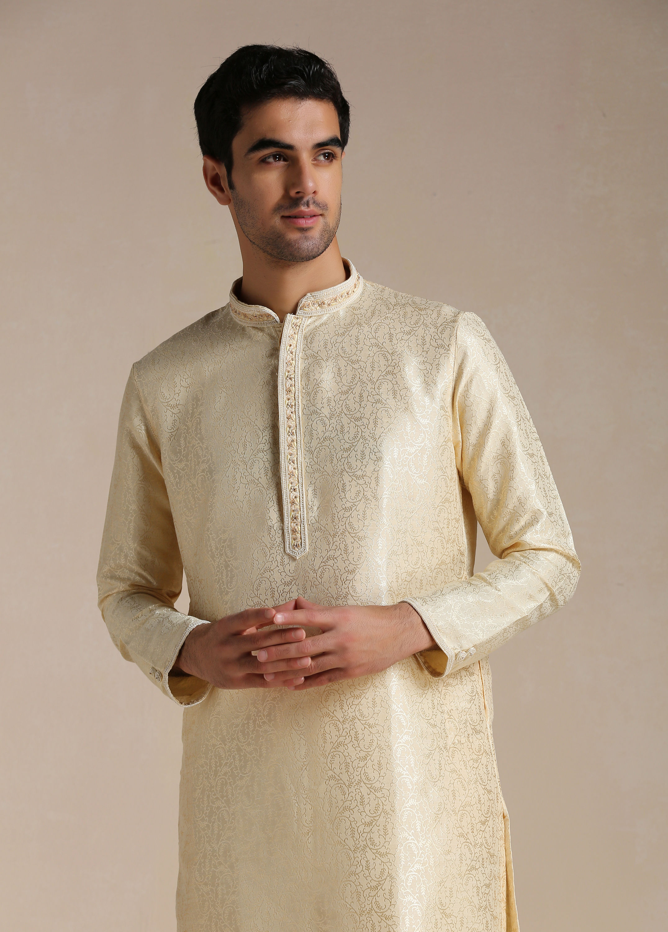 Manyavar Men Soft Beige Jacquard Patterned Kurta Set