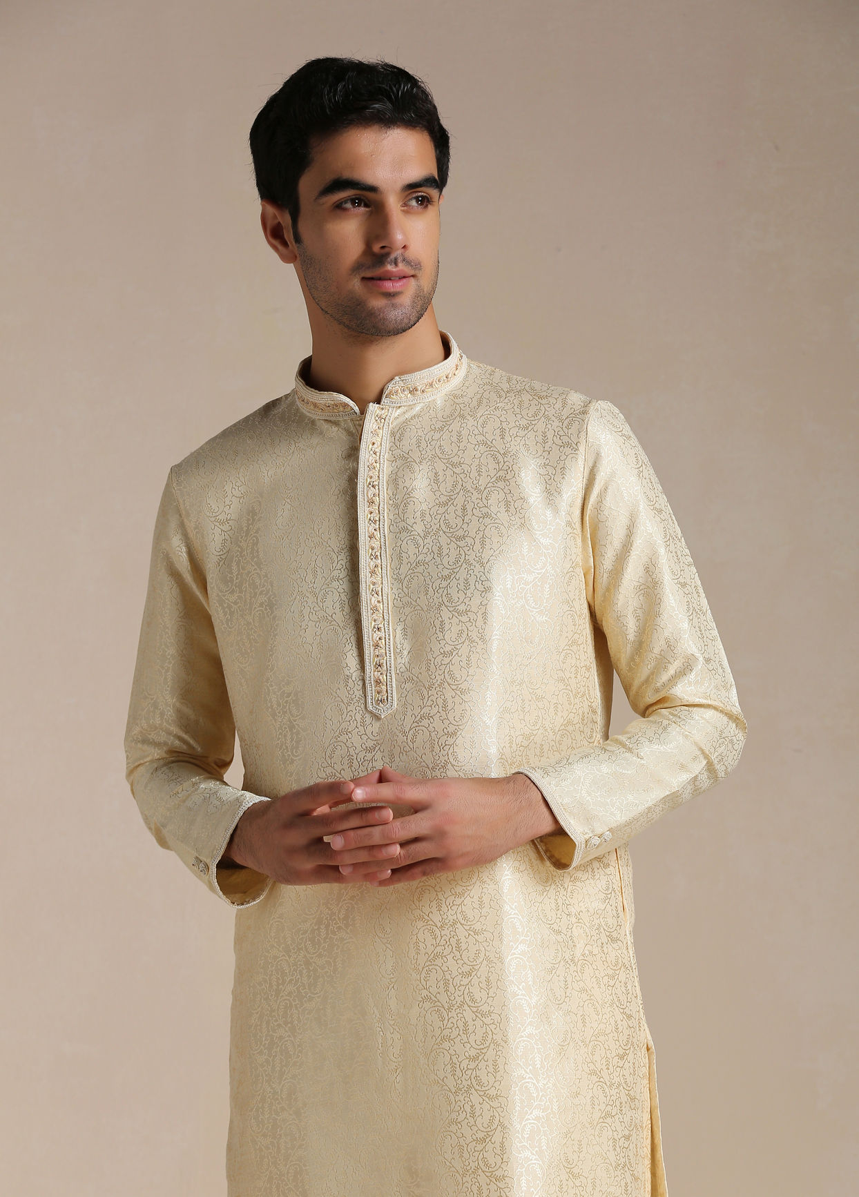 alt message - Manyavar Men Soft Beige Jacquard Patterned Kurta Set image number 0