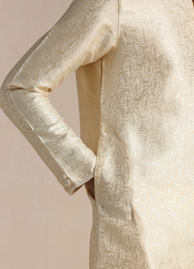 Manyavar Men Soft Beige Jacquard Patterned Kurta Set