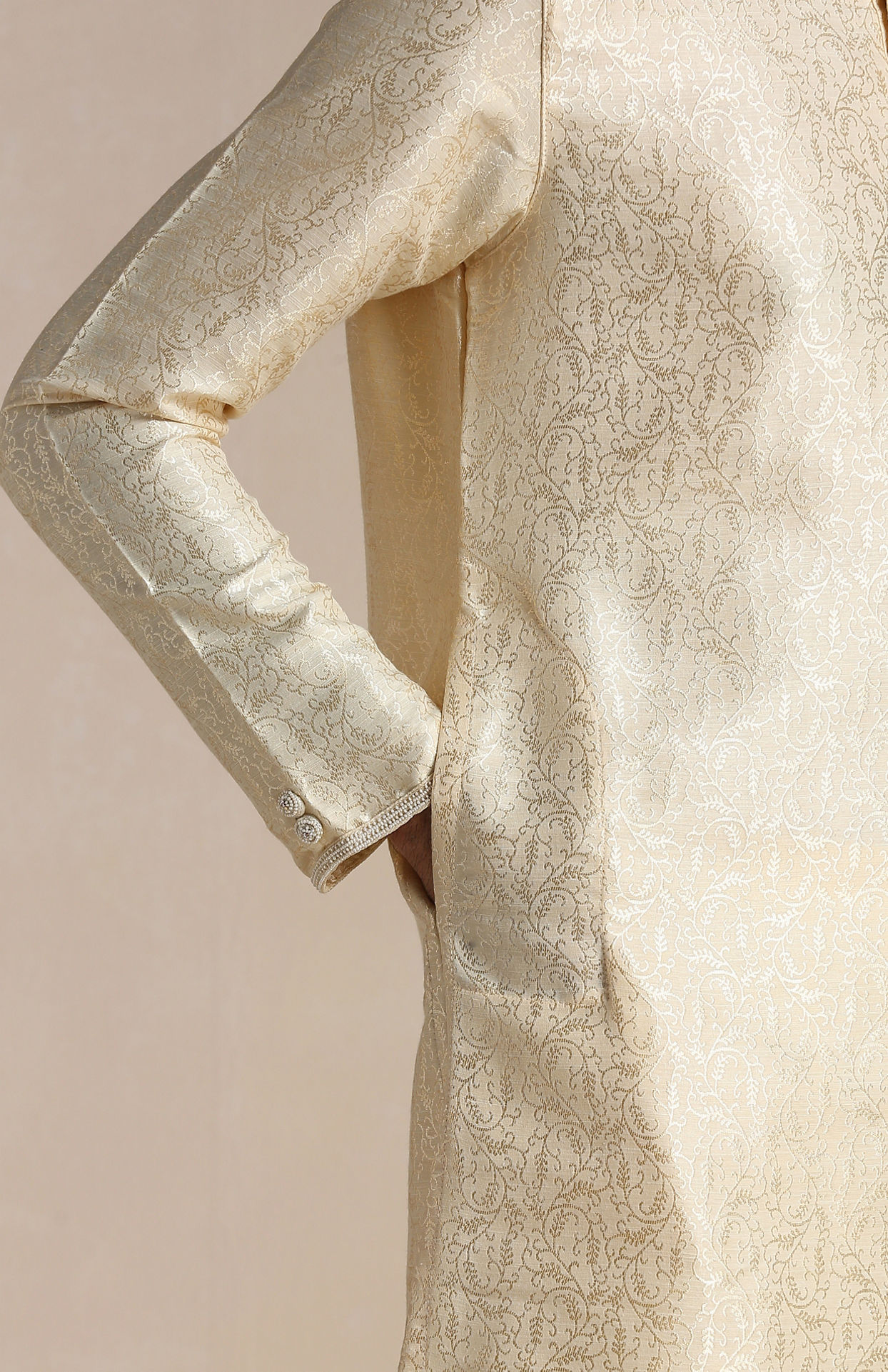 Manyavar Men Soft Beige Jacquard Patterned Kurta Set