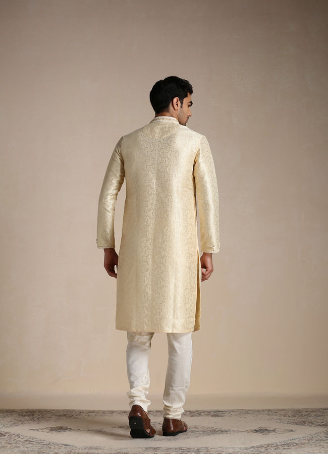 Manyavar Men Soft Beige Jacquard Patterned Kurta Set