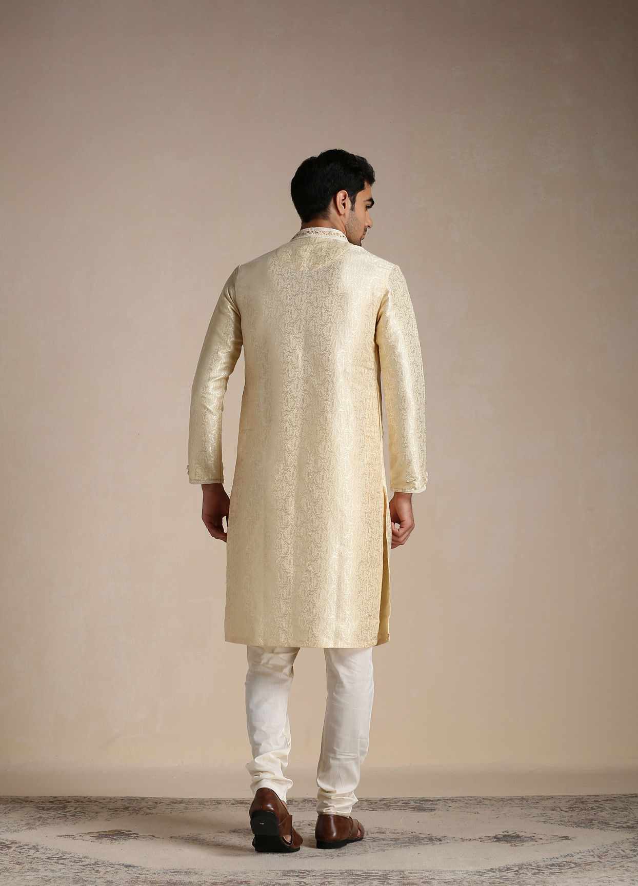 Manyavar Men Soft Beige Jacquard Patterned Kurta Set