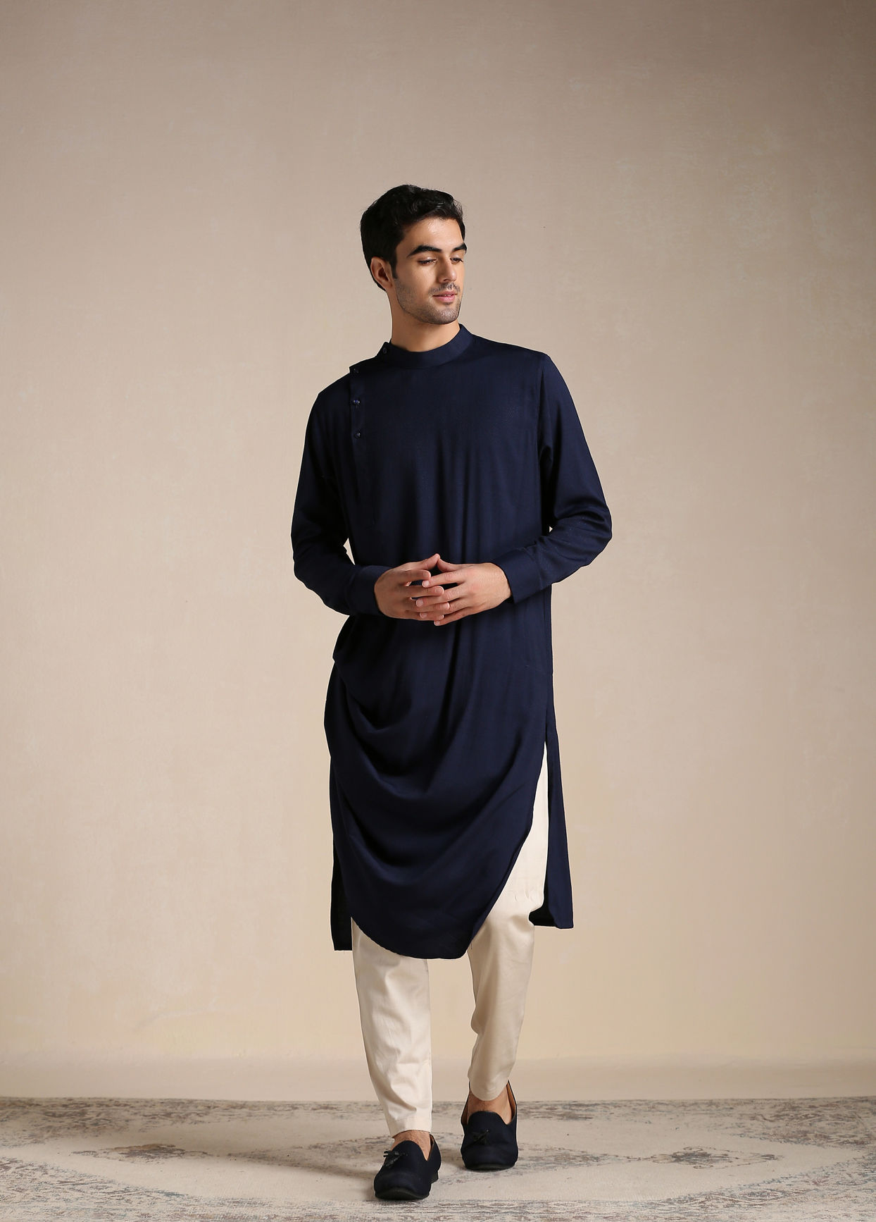Manyavar Men Navy Blue Kurta Jacket Set