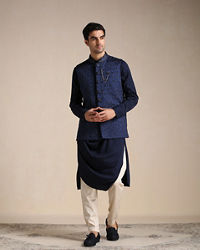 Manyavar Men Navy Blue Kurta Jacket Set