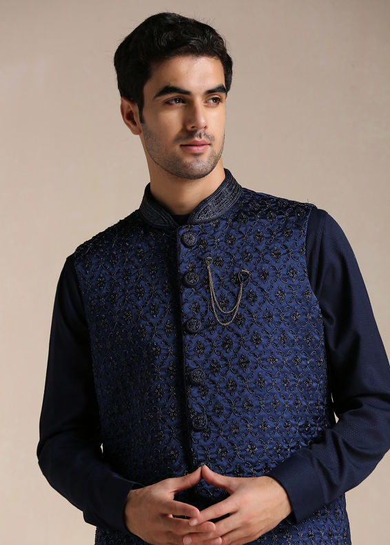 Manyavar Men Navy Blue Kurta Jacket Set