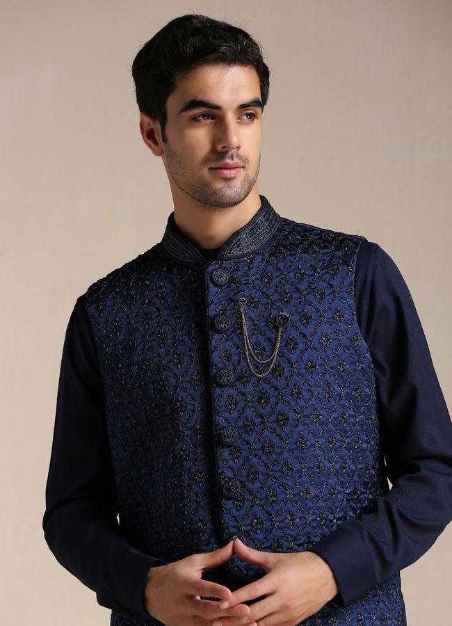 Navy Blue Kurta Jacket Set