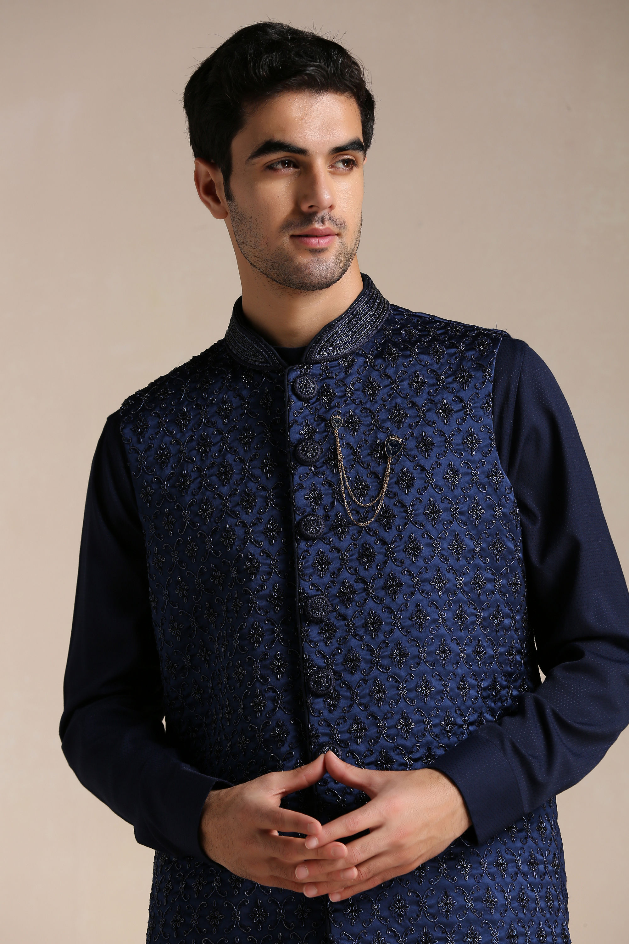 Manyavar Men Navy Blue Kurta Jacket Set