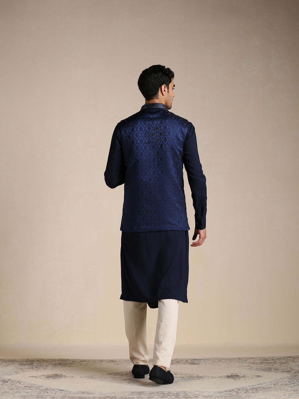 Manyavar Men Navy Blue Kurta Jacket Set