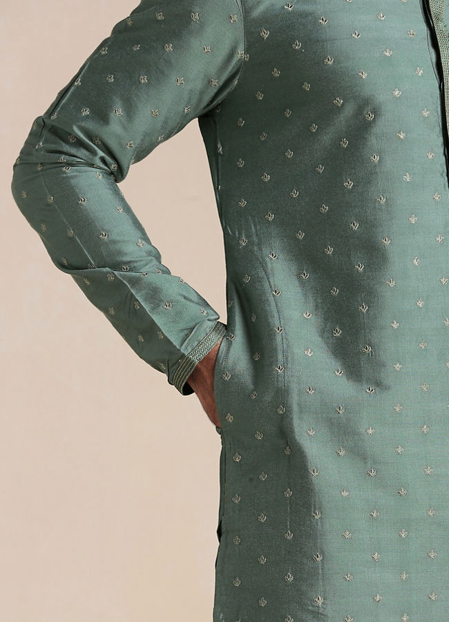 Manyavar Men Hunter Green Self Motif Kurta Set
