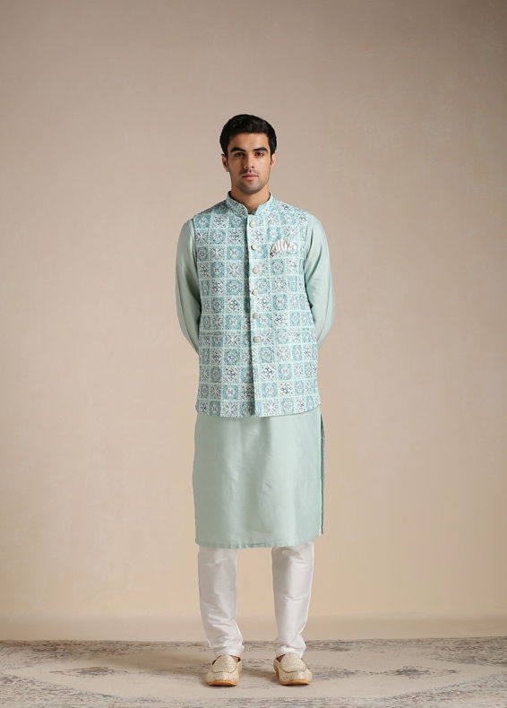 Manyavar Men Tropical Blue Kurta Jacket Set