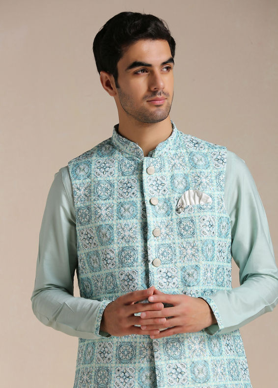 Manyavar Men Tropical Blue Kurta Jacket Set