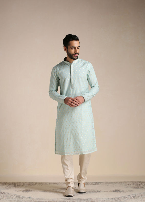 Manyavar Men Pistachio Green Jacquard Patterned Kurta Set