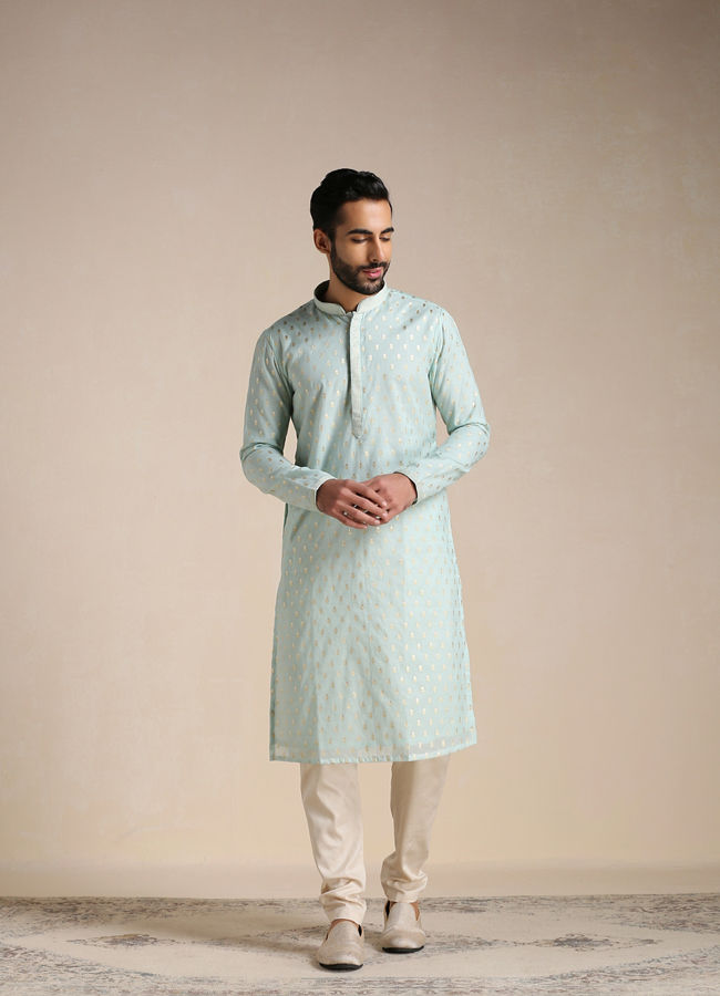 alt message - Manyavar Men Pistachio Green Jacquard Patterned Kurta Set image number 1