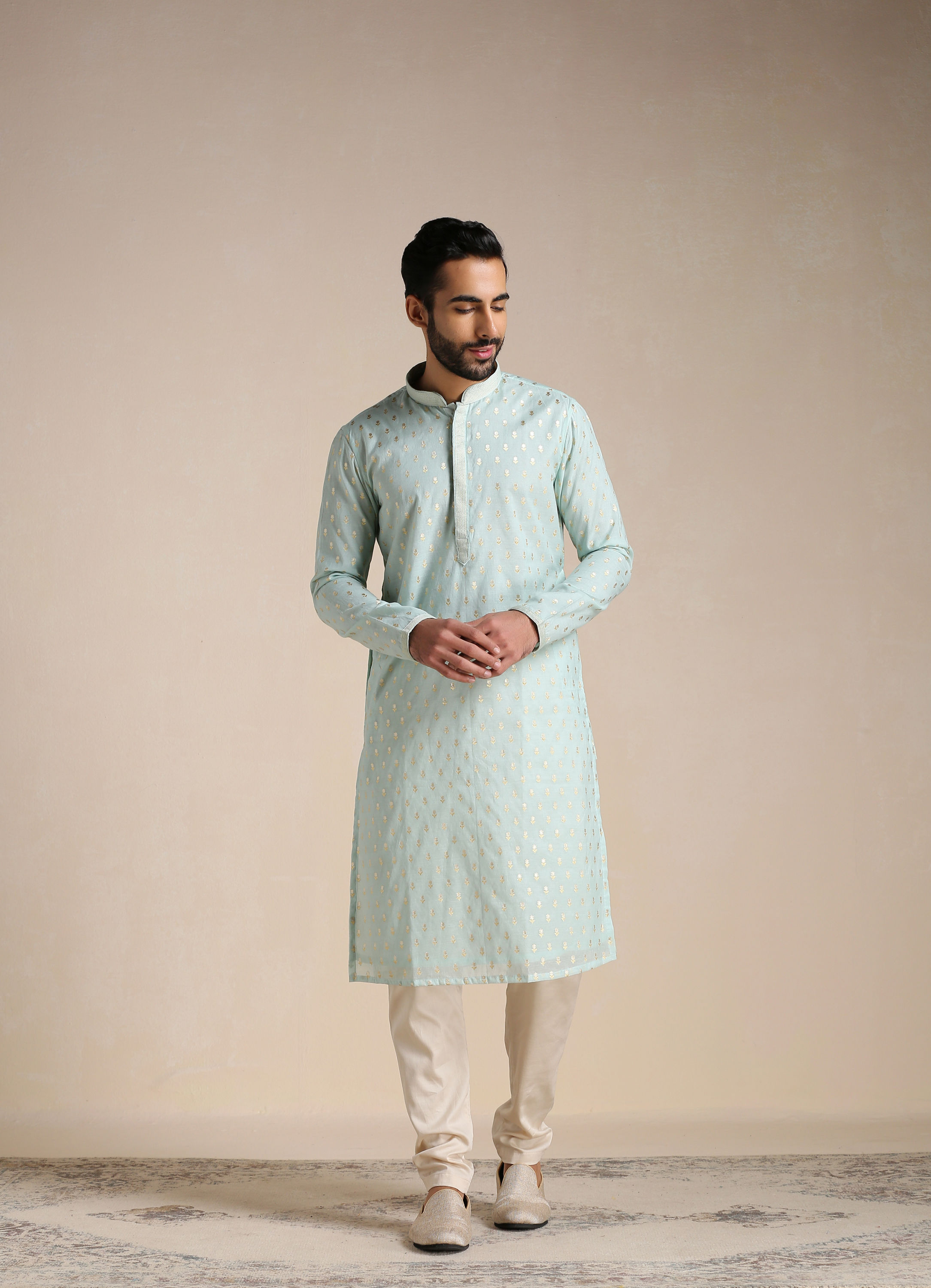 Manyavar Men Pistachio Green Jacquard Patterned Kurta Set