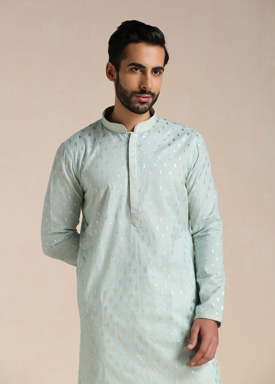 Manyavar Men Pistachio Green Jacquard Patterned Kurta Set