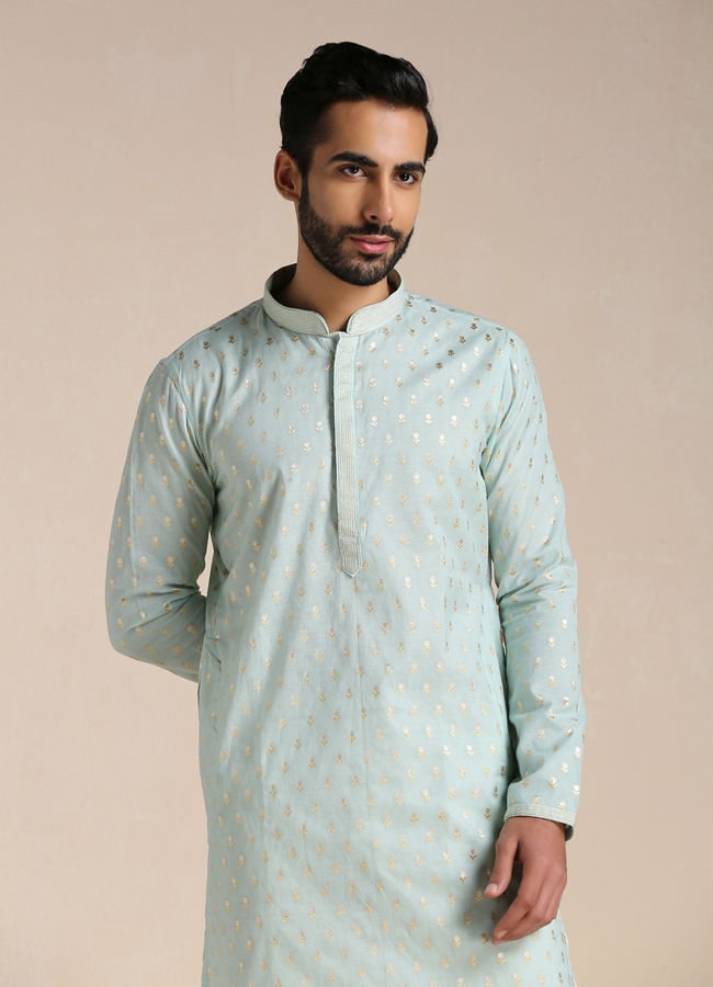 alt message - Manyavar Men Pistachio Green Jacquard Patterned Kurta Set image number 0