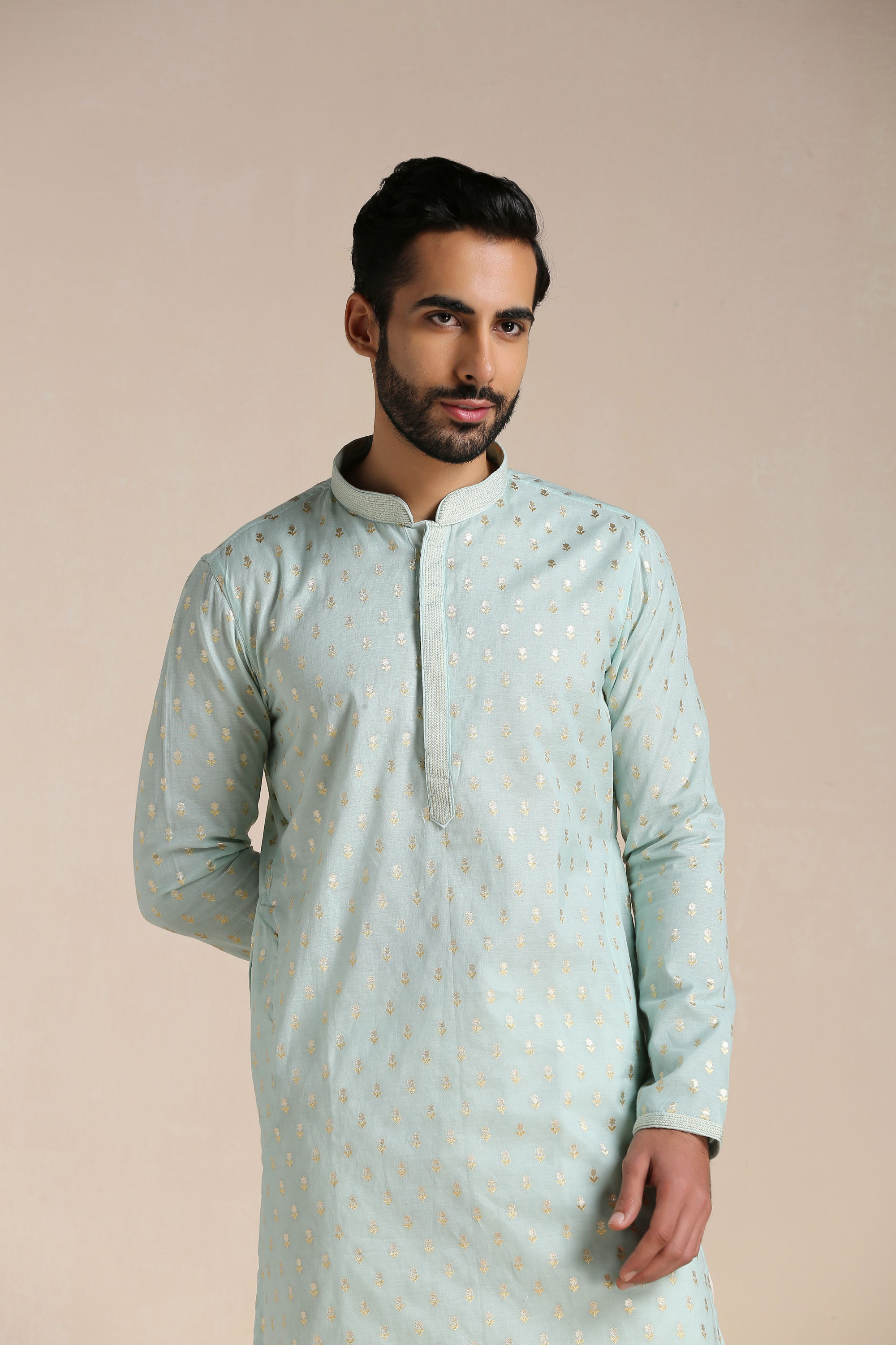 Manyavar Men Pistachio Green Jacquard Patterned Kurta Set