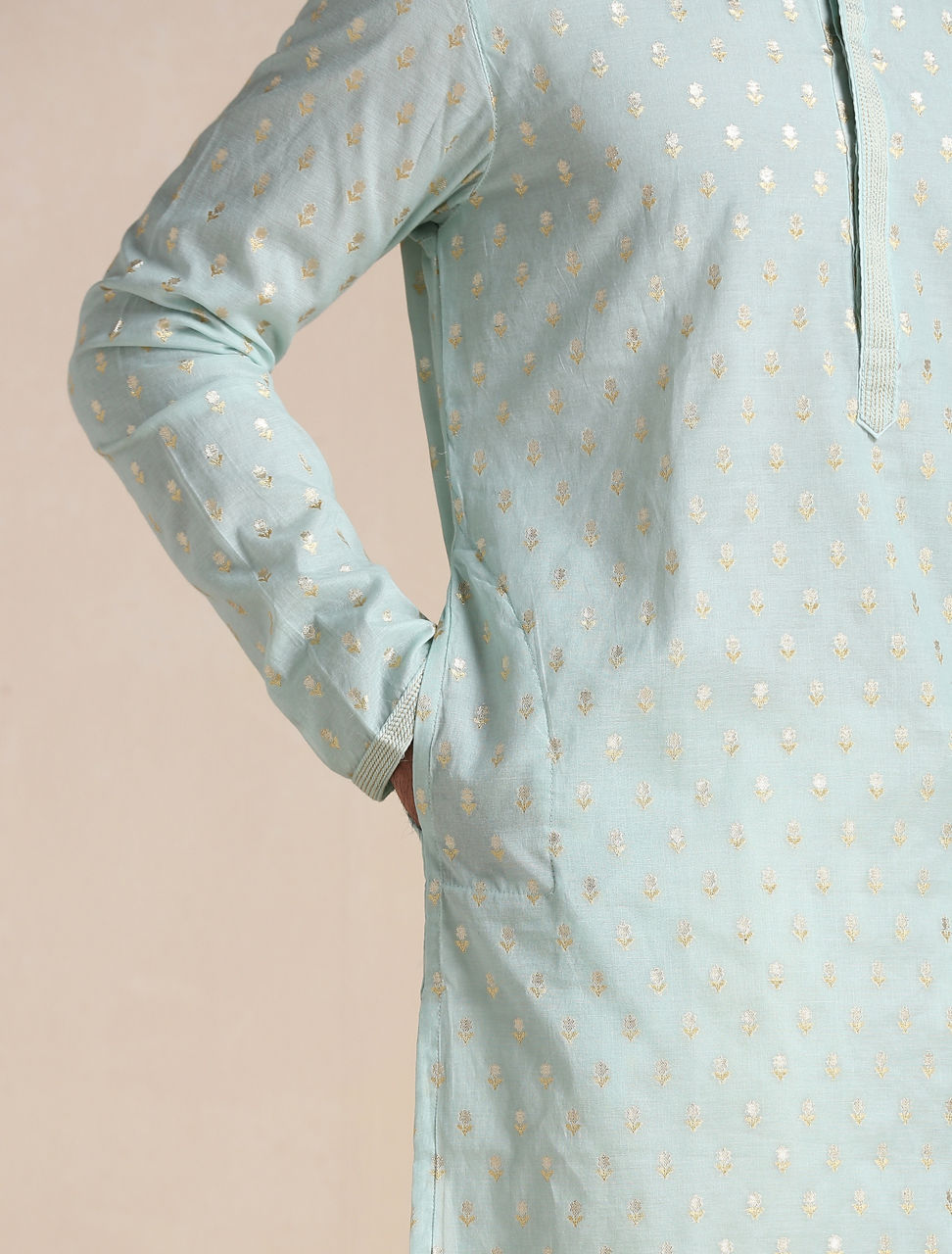 Manyavar Men Pistachio Green Jacquard Patterned Kurta Set