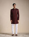 alt message - Manyavar Men Cabernet Red Floral Motif Indo Western Set image number 1