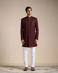 Manyavar Men Cabernet Red Floral Motif Indo Western Set