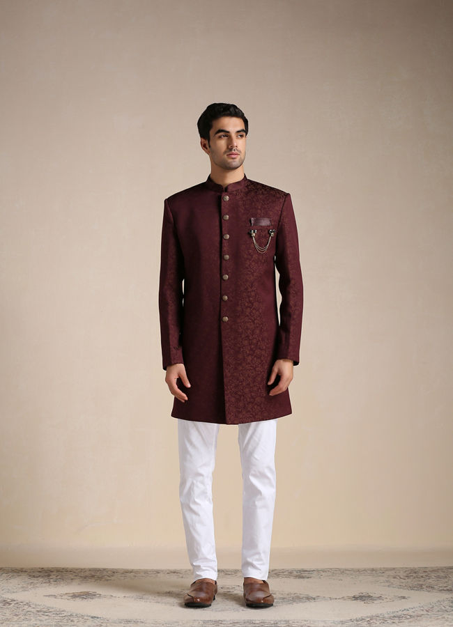 alt message - Manyavar Men Cabernet Red Floral Motif Indo Western Set image number 1