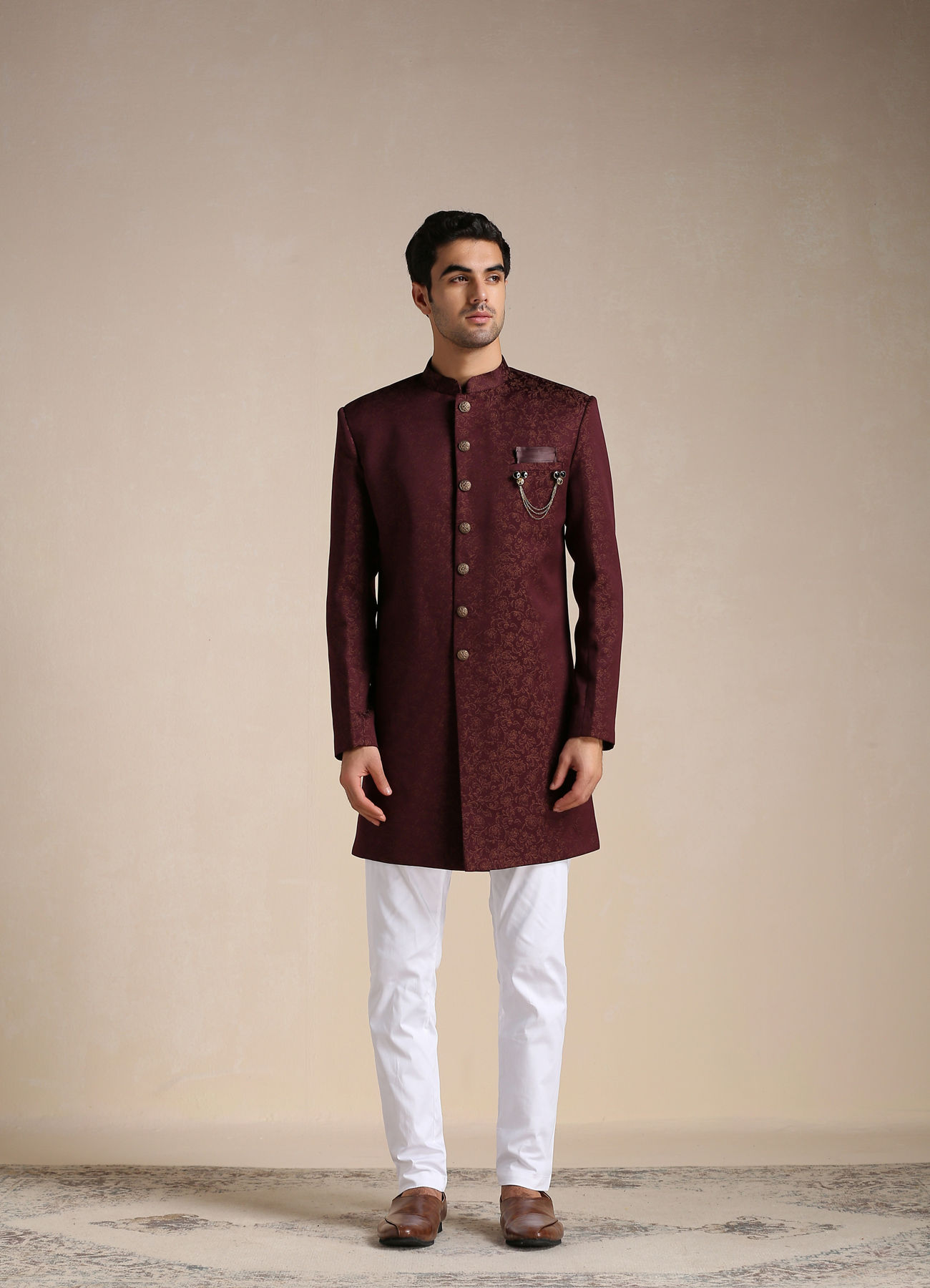 Manyavar Men Cabernet Red Floral Motif Indo Western Set